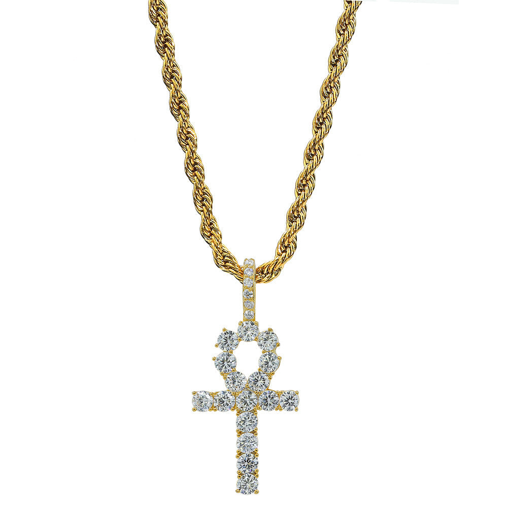 Micro Paved Zircon Hip Hop Anka Key Cross Hip Hop Pendant Necklace