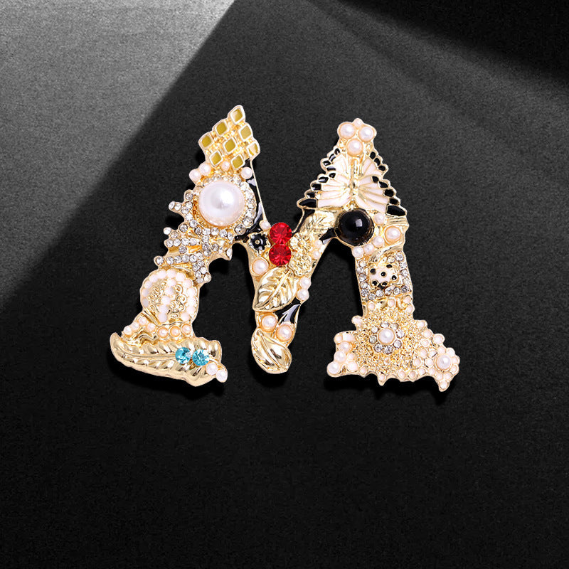 Retro Fashion Rhinestone Pearl Letter Brooch